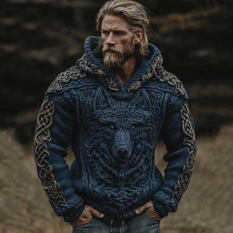 Pull à capuche en maille jacquard à motif loup viking et nœud celtique pour homme