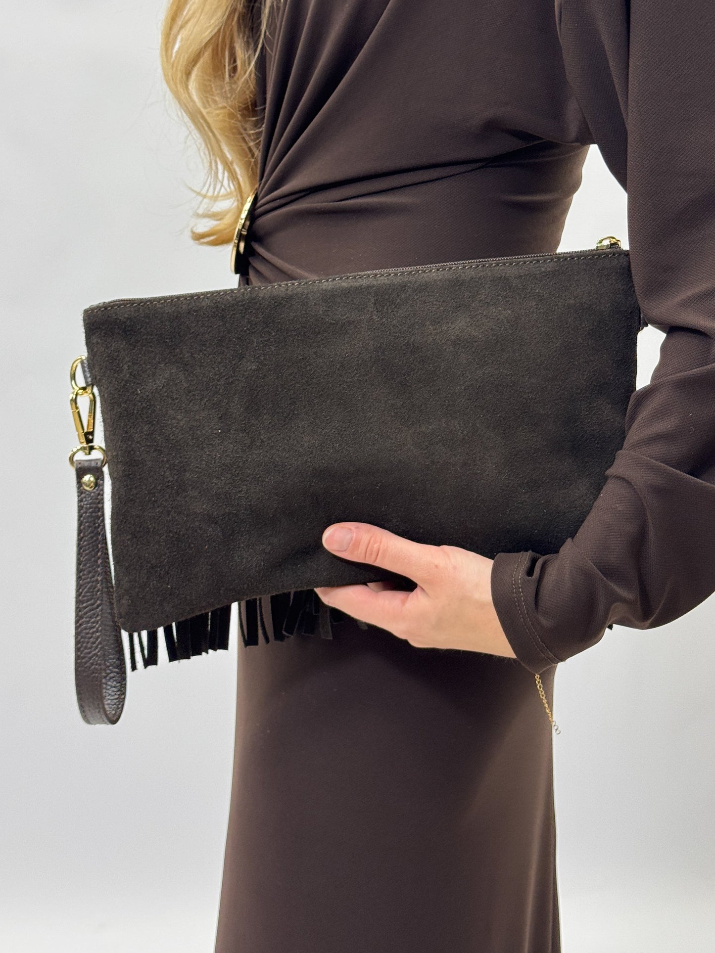 Sac à main en véritable cuir suédé avec franges et clous – Fabriqué en Italie