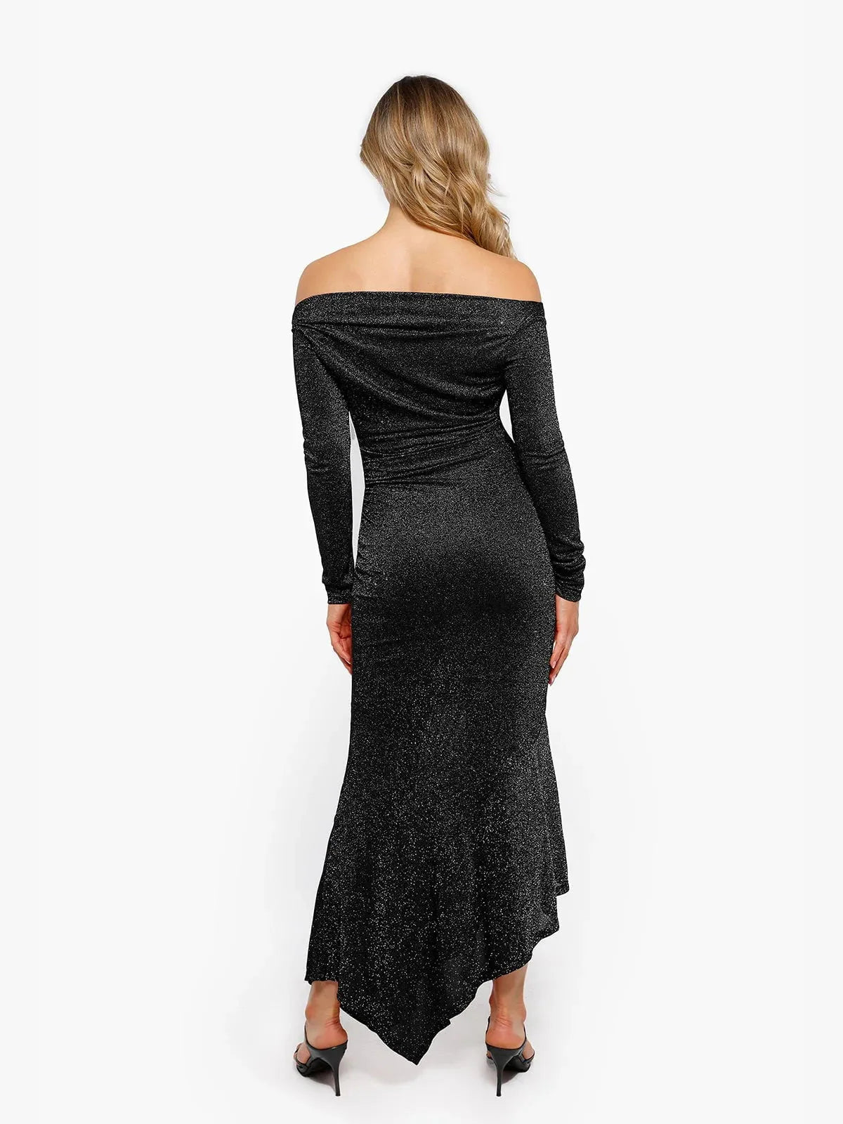 Robe Maxi Sirène Slim à Manches Longues en Maille Métallique Shapewear