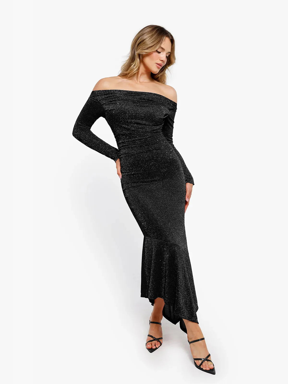 Robe Maxi Sirène Slim à Manches Longues en Maille Métallique Shapewear