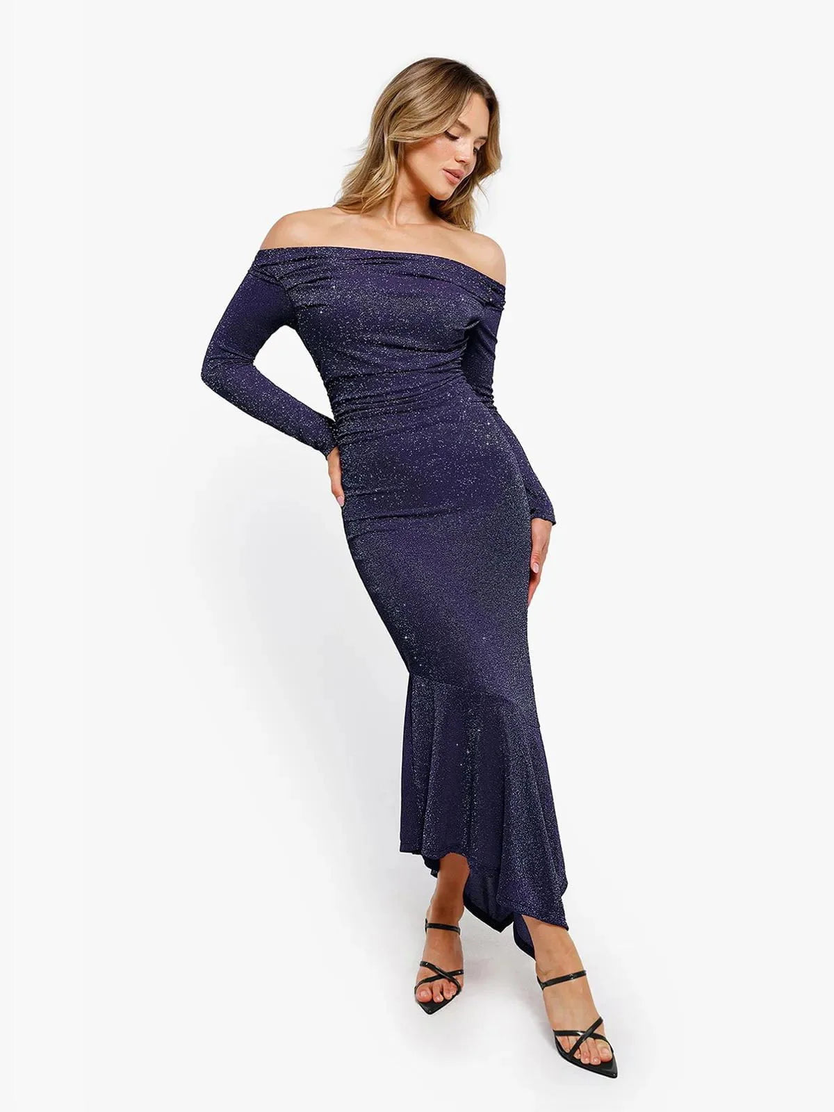 Robe Maxi Sirène Slim à Manches Longues en Maille Métallique Shapewear
