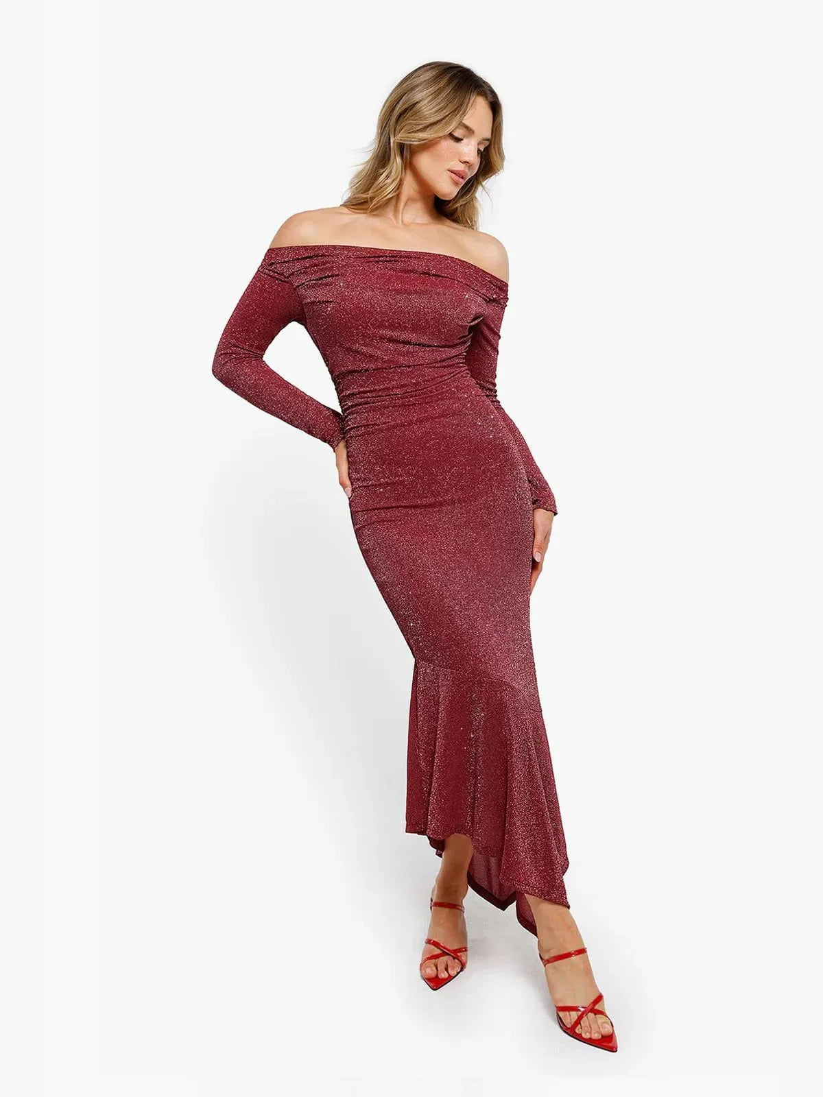Robe Maxi Sirène Slim à Manches Longues en Maille Métallique Shapewear