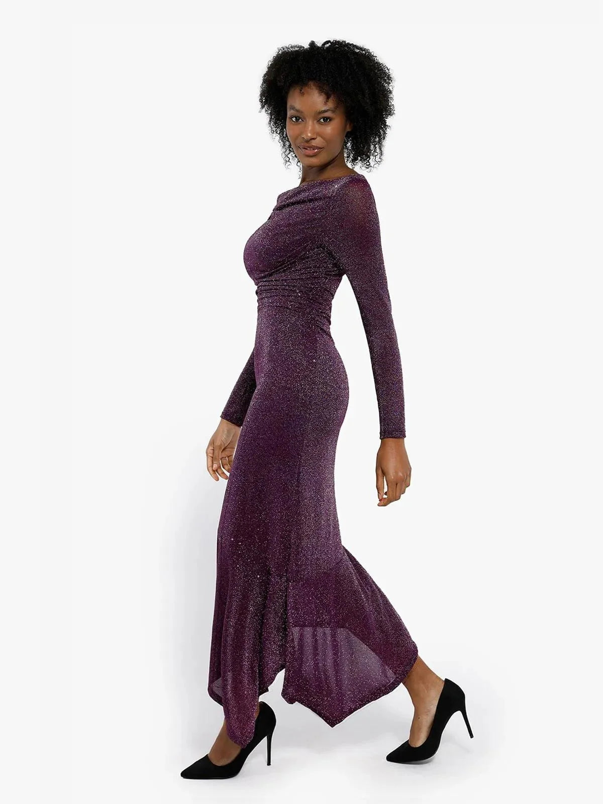 Robe Maxi Sirène Slim à Manches Longues en Maille Métallique Shapewear
