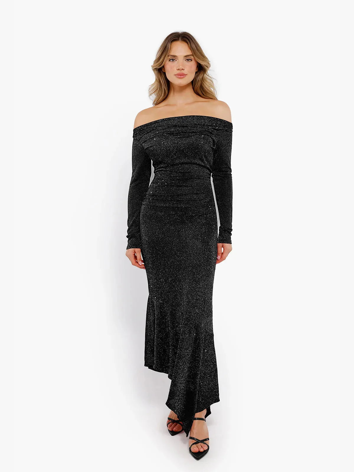 Robe Maxi Sirène Slim à Manches Longues en Maille Métallique Shapewear