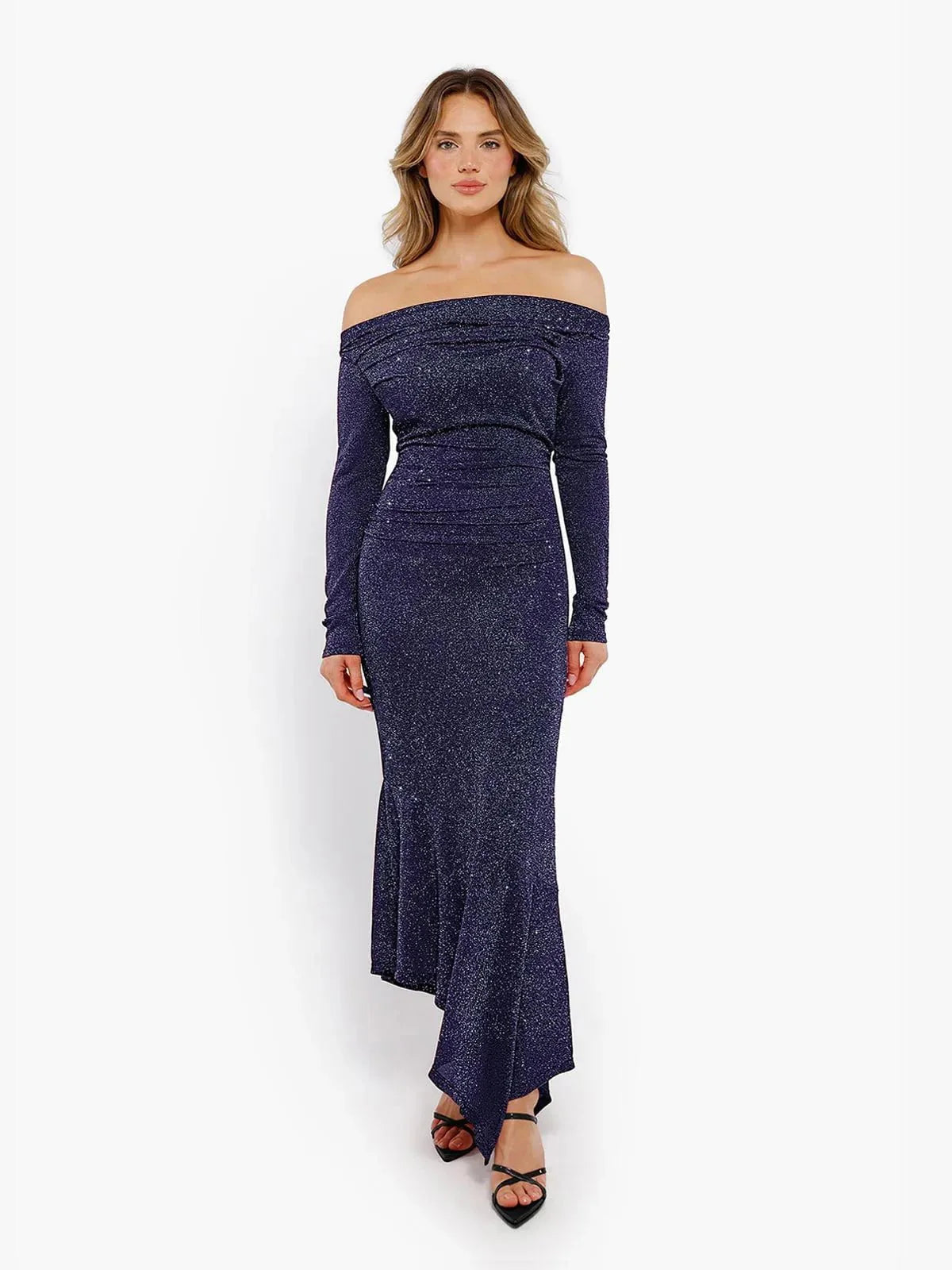 Robe Maxi Sirène Slim à Manches Longues en Maille Métallique Shapewear