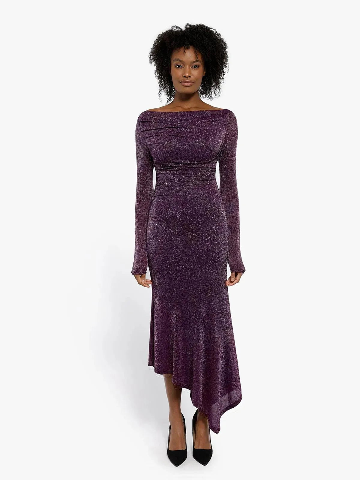 Robe Maxi Sirène Slim à Manches Longues en Maille Métallique Shapewear