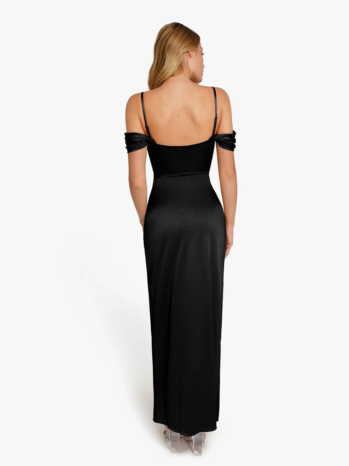 Robe Maxi Sculptante Drapée à Épaules Dégagées Shapewear
