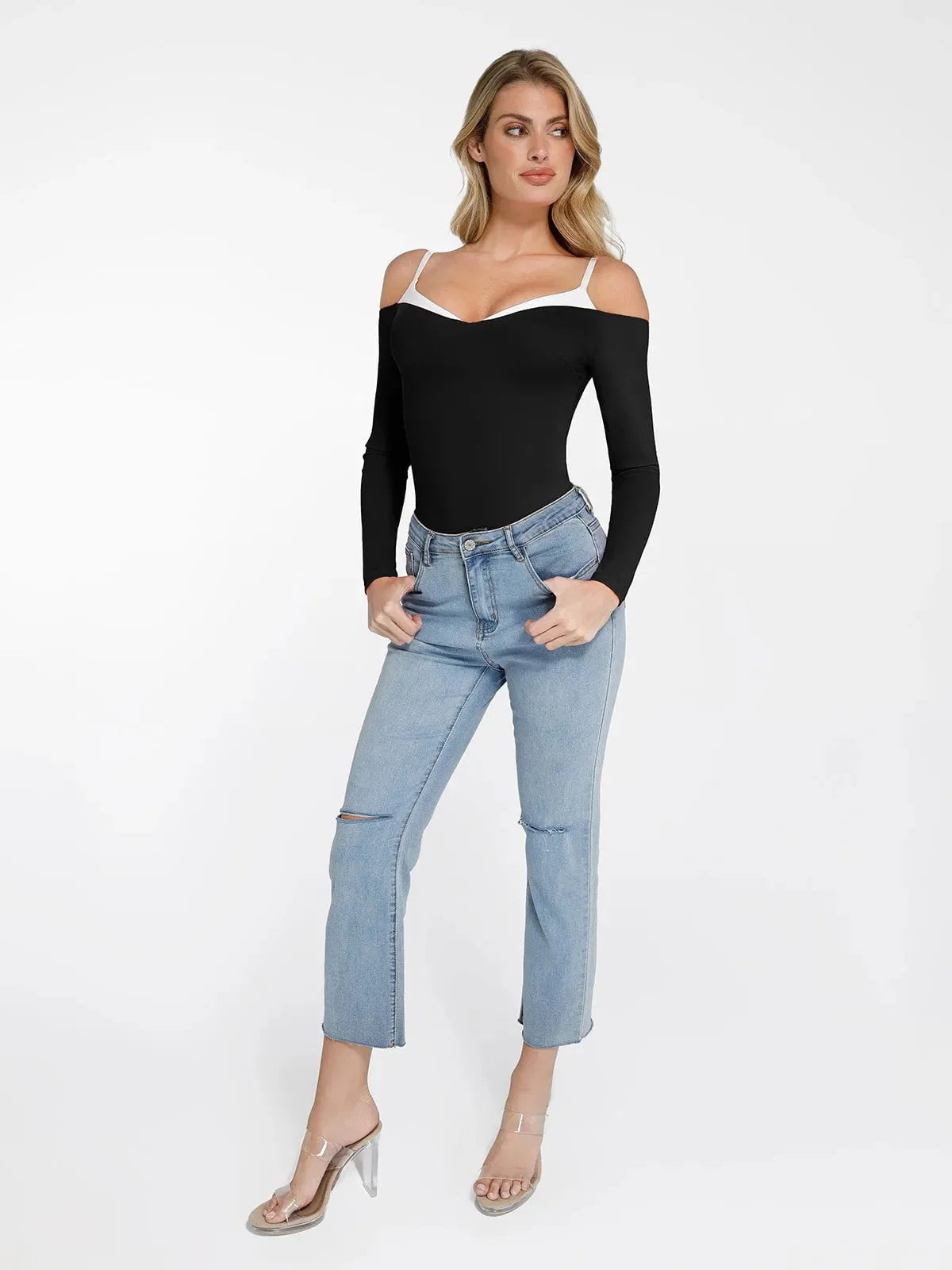 Body Shapewear à Manches Longues avec Épaules Dégagées et Contrôle du Ventre