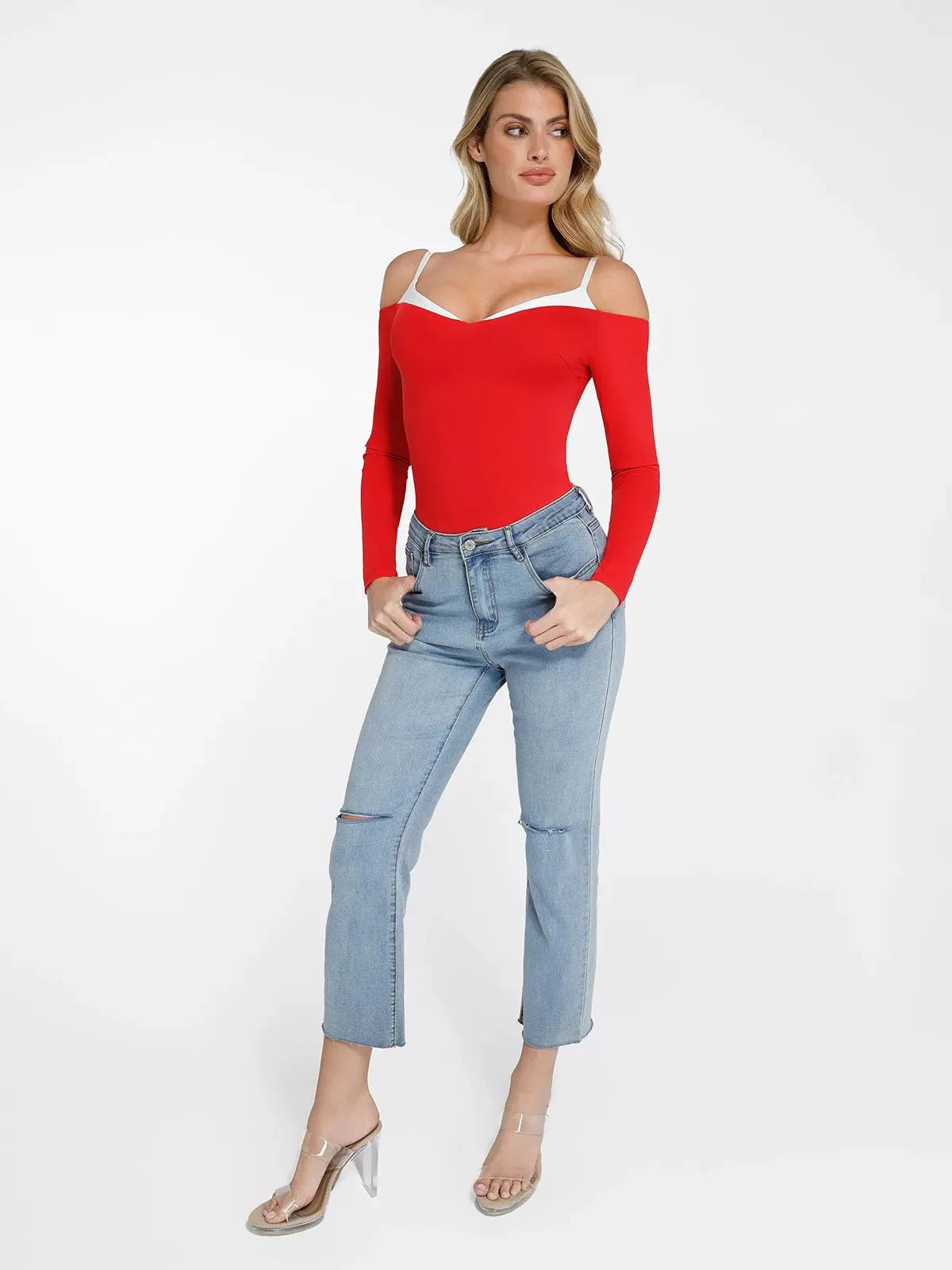 Body Shapewear à Manches Longues avec Épaules Dégagées et Contrôle du Ventre