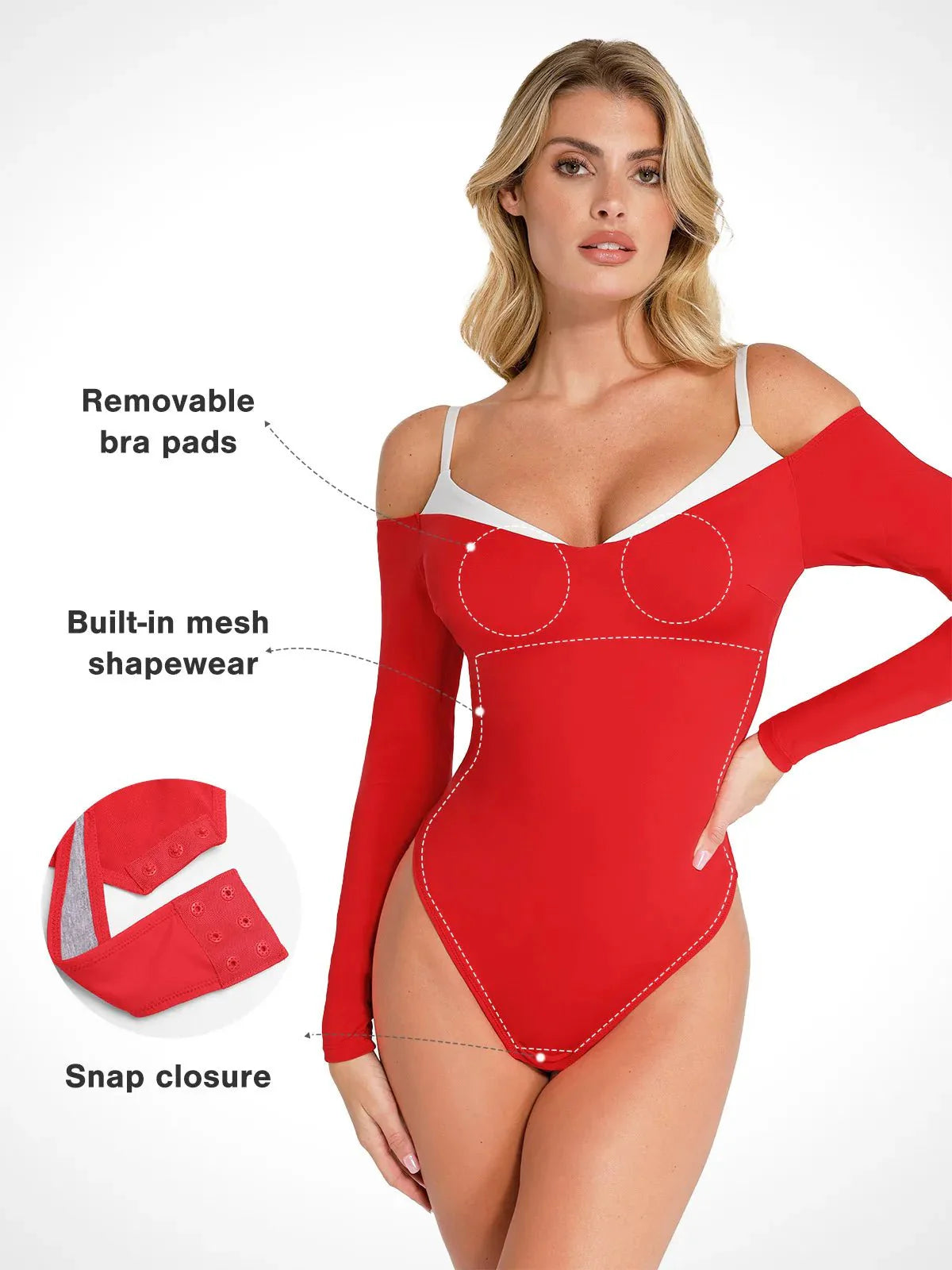 Body Shapewear à Manches Longues avec Épaules Dégagées et Contrôle du Ventre