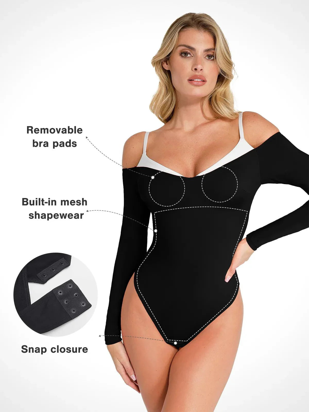 Body Shapewear à Manches Longues avec Épaules Dégagées et Contrôle du Ventre