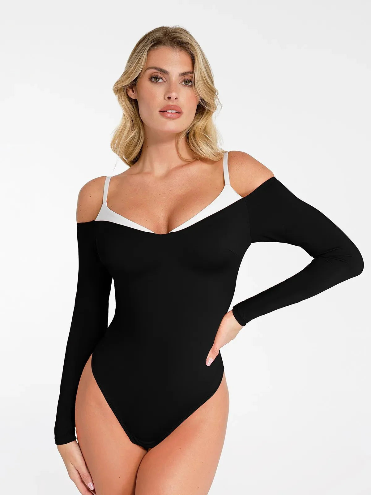 Body Shapewear à Manches Longues avec Épaules Dégagées et Contrôle du Ventre