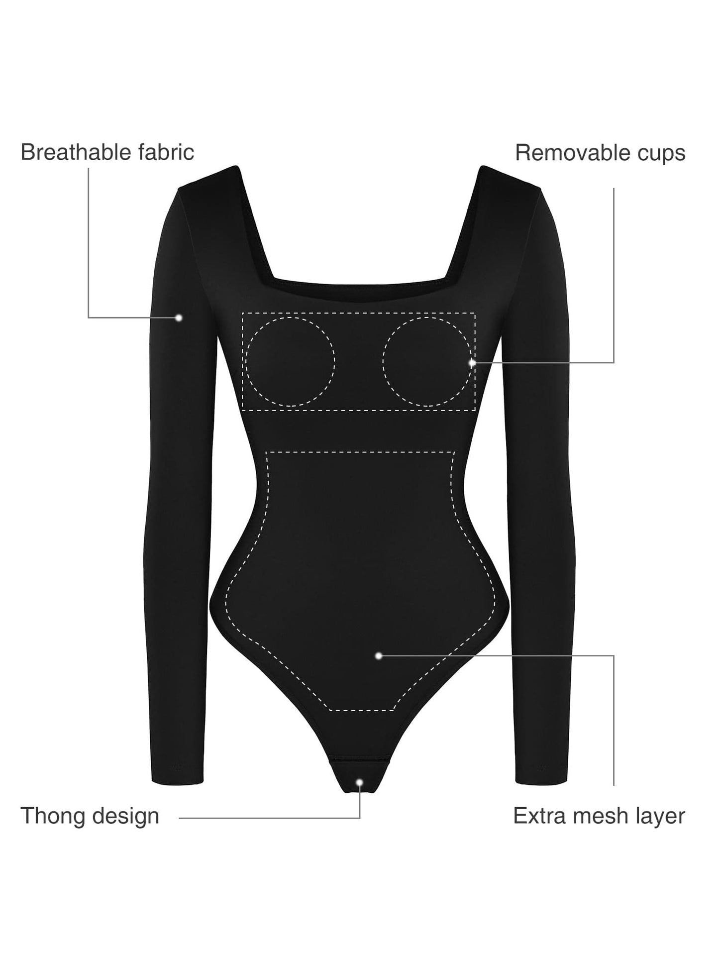 Body Shapewear à Manches Longues avec Décolleté Carré