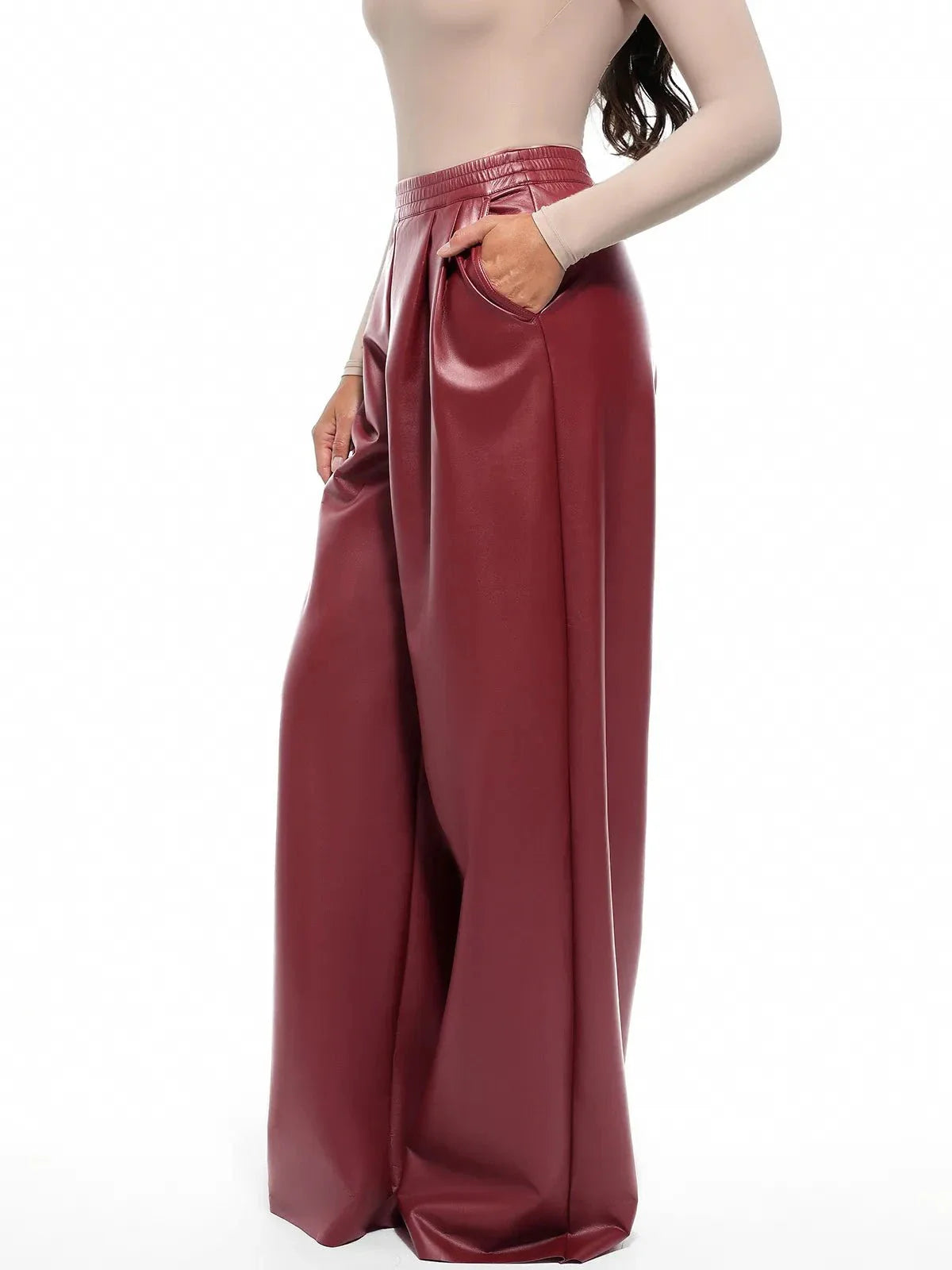 Pantalons larges taille haute en simili cuir