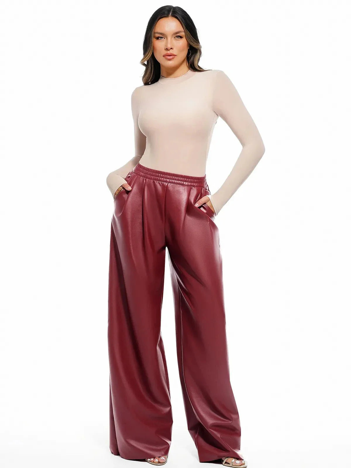 Pantalons larges taille haute en simili cuir