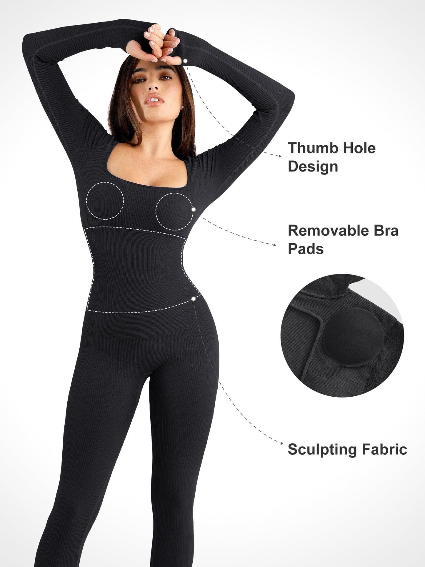 Combinaison Longue à Manches avec Trou pour le Pouce Sans Couture