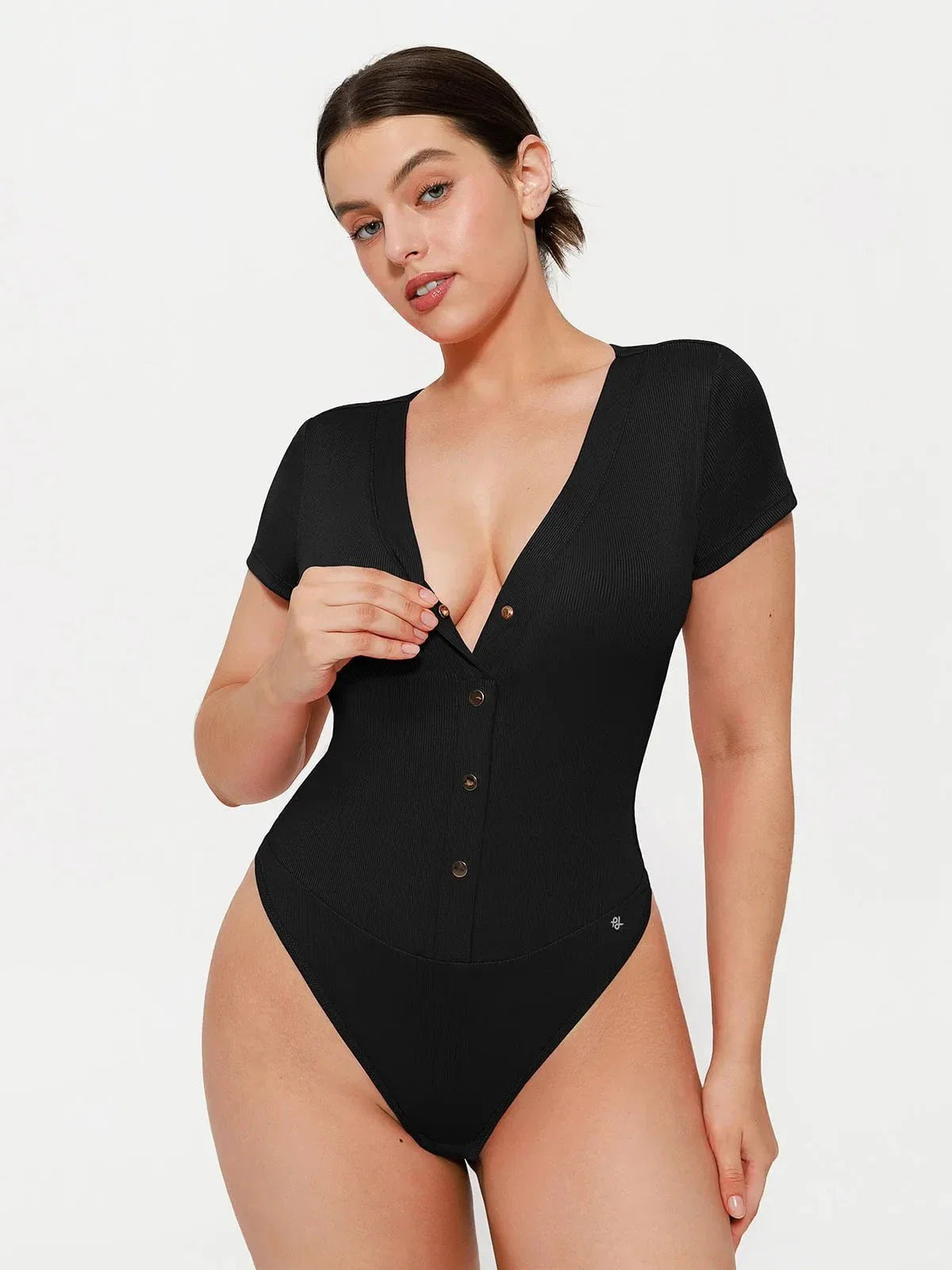 Body Sculptant à Encolure Profonde en V avec Boutons
