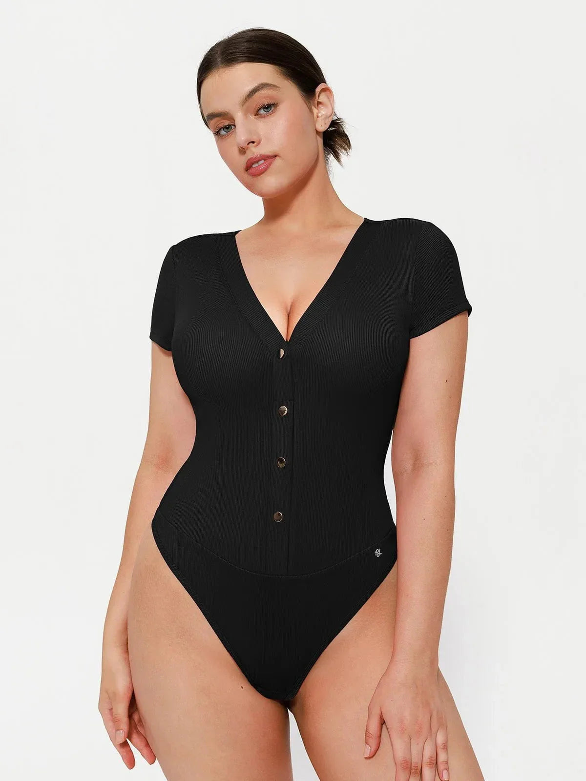 Body Sculptant à Encolure Profonde en V avec Boutons