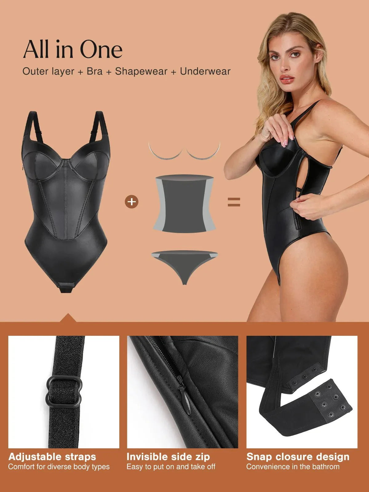 Body Sculptant en Cuir Synthétique à Taille de Sablier