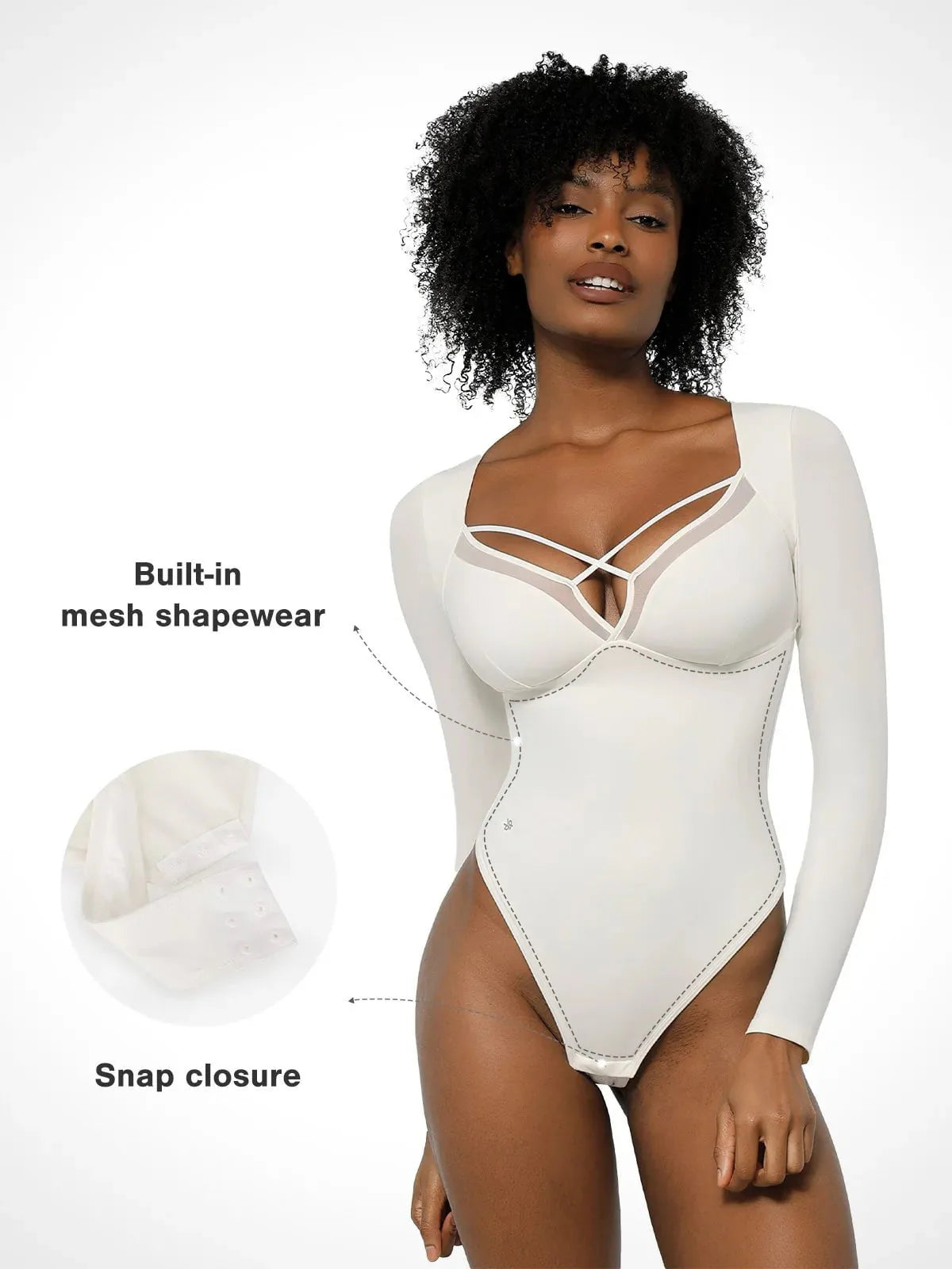 Body de Contrôle du Ventre à Manches Longues avec Détails en Maille Popilush