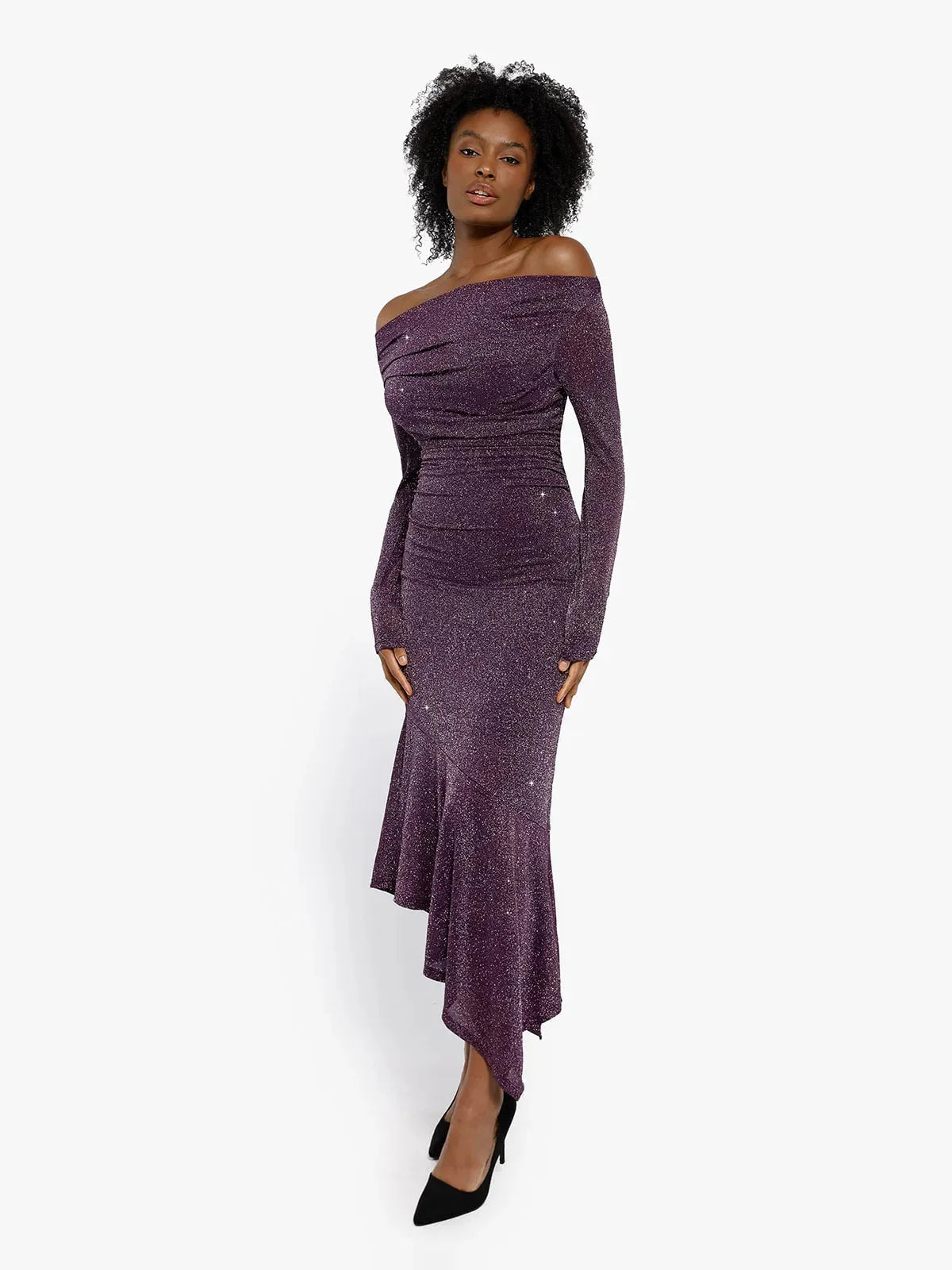 Robe Maxi Sirène Slim à Manches Longues en Maille Métallique Shapewear