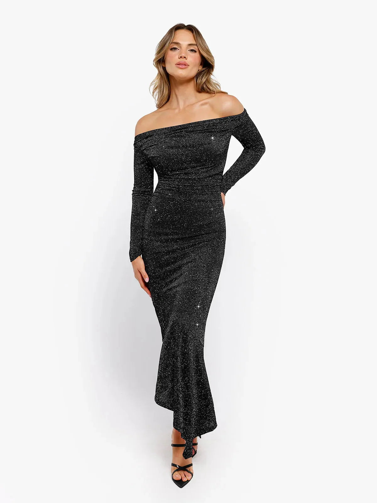Robe Maxi Sirène Slim à Manches Longues en Maille Métallique Shapewear