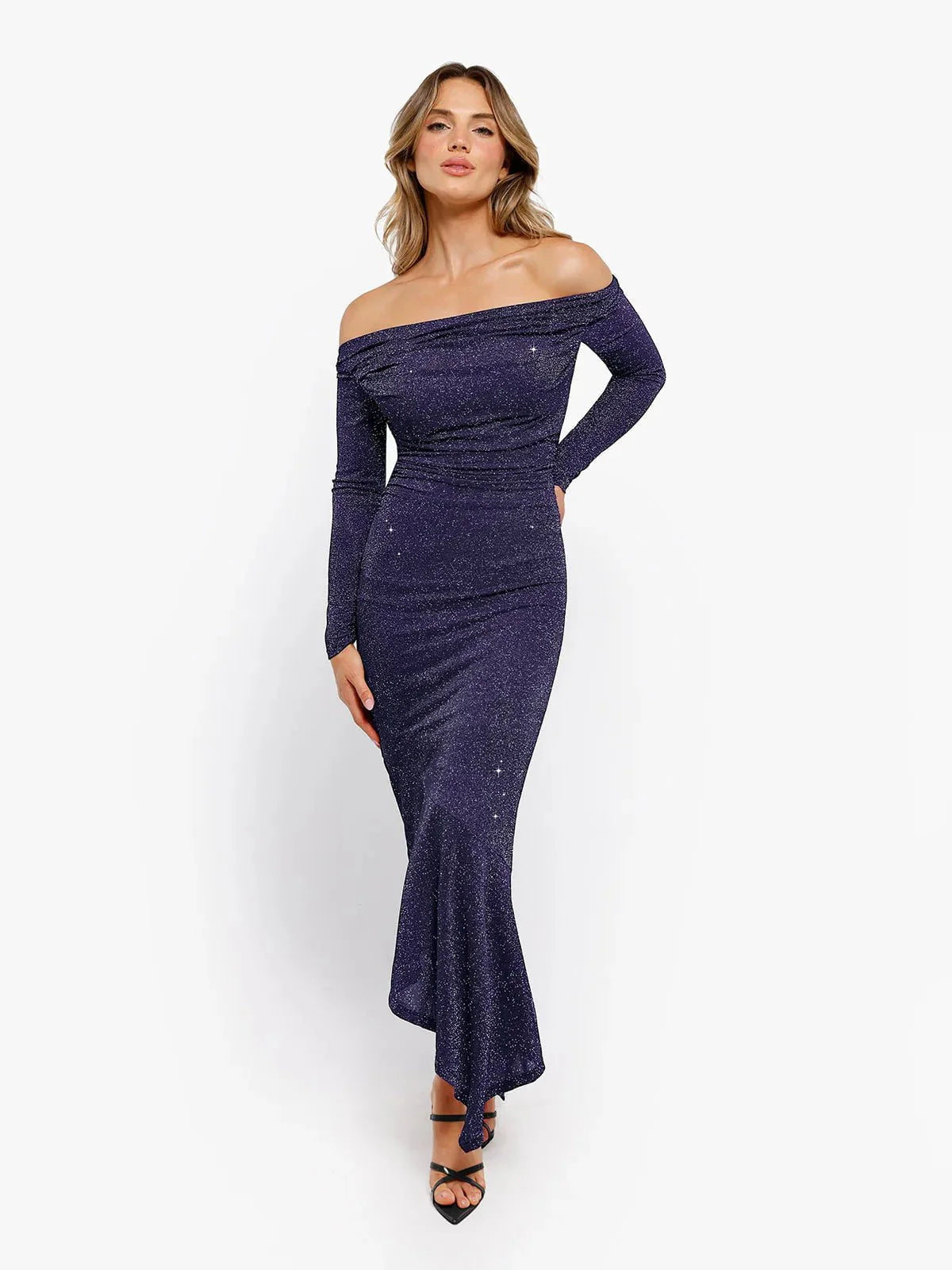 Robe Maxi Sirène Slim à Manches Longues en Maille Métallique Shapewear