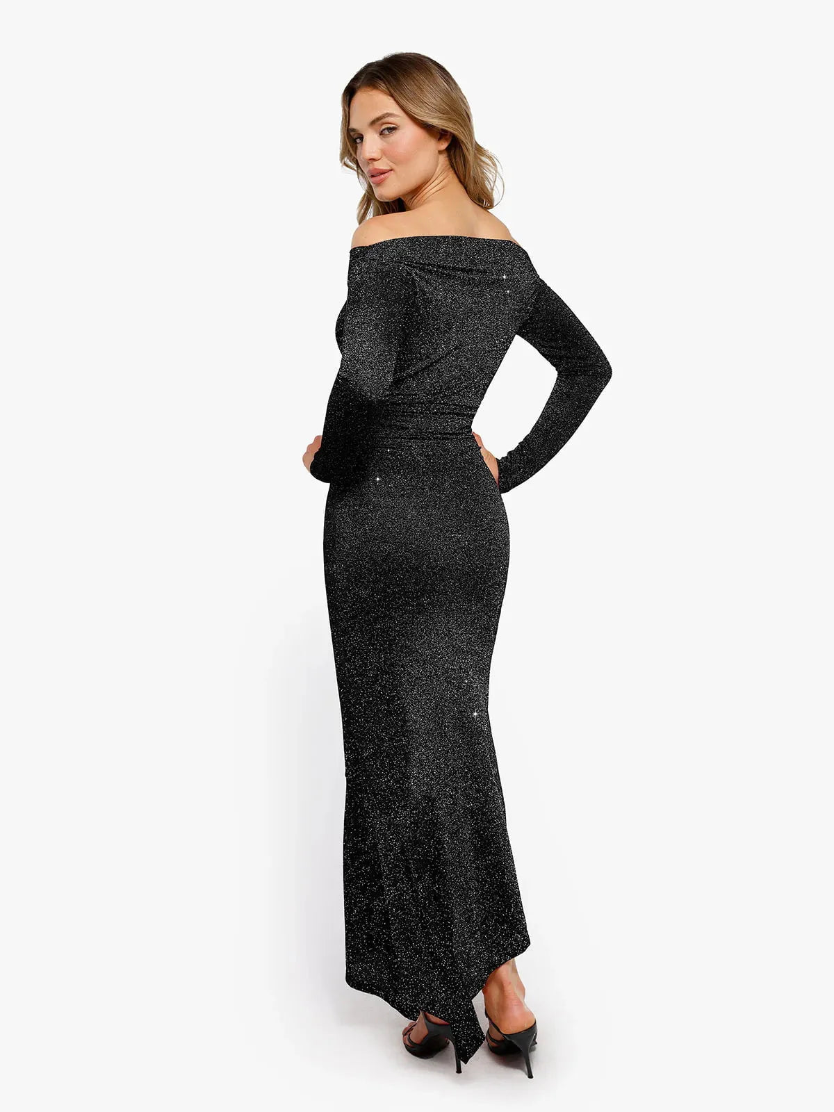 Robe Maxi Sirène Slim à Manches Longues en Maille Métallique Shapewear