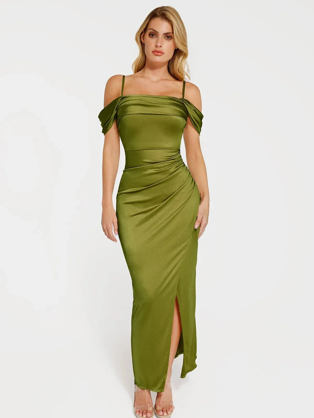 Robe Maxi Sculptante Drapée à Épaules Dégagées Shapewear