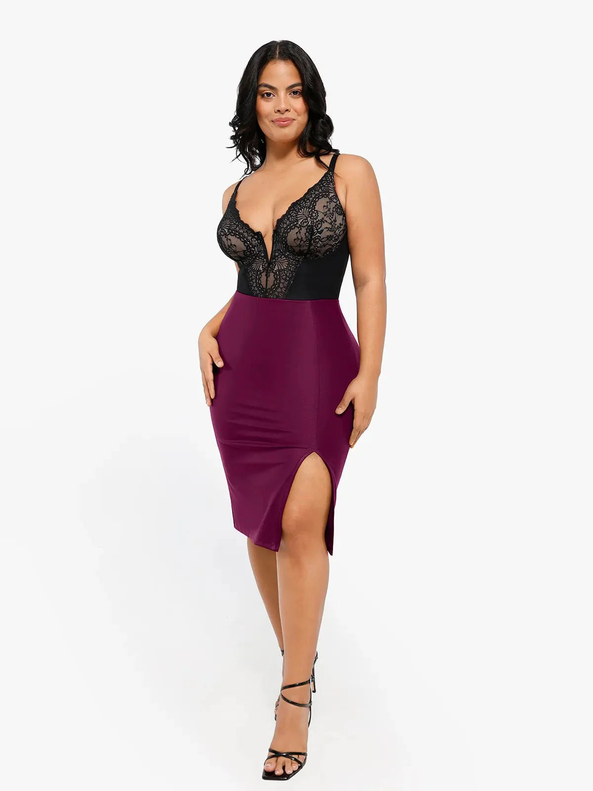 Jupe Midi Fendue en Simili Cuir Sculptante Shapewear