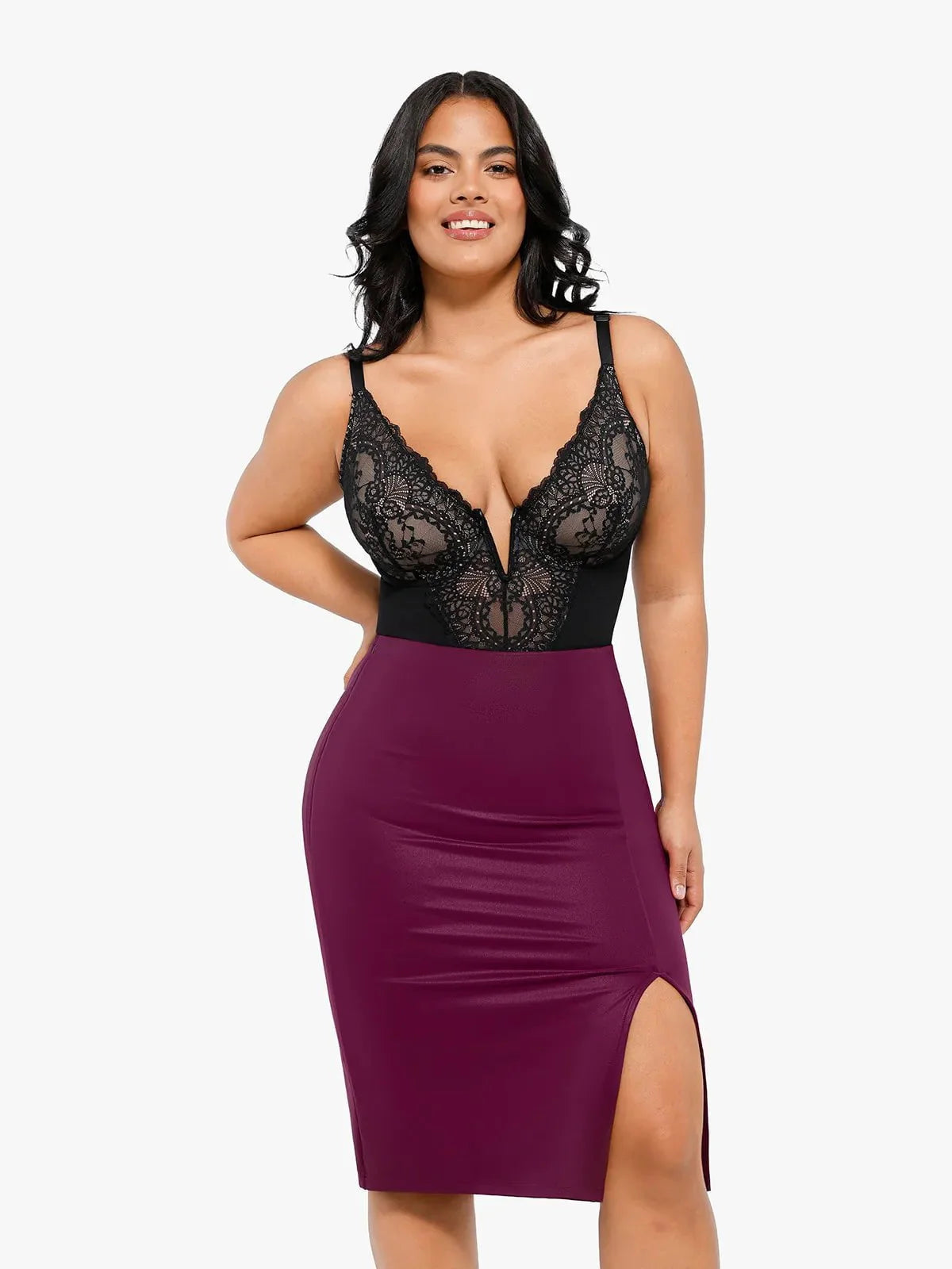 Jupe Midi Fendue en Simili Cuir Sculptante Shapewear