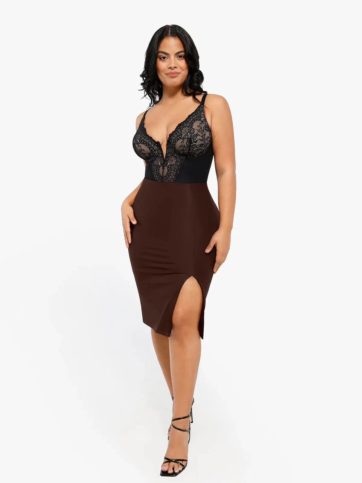 Jupe Midi Fendue en Simili Cuir Sculptante Shapewear