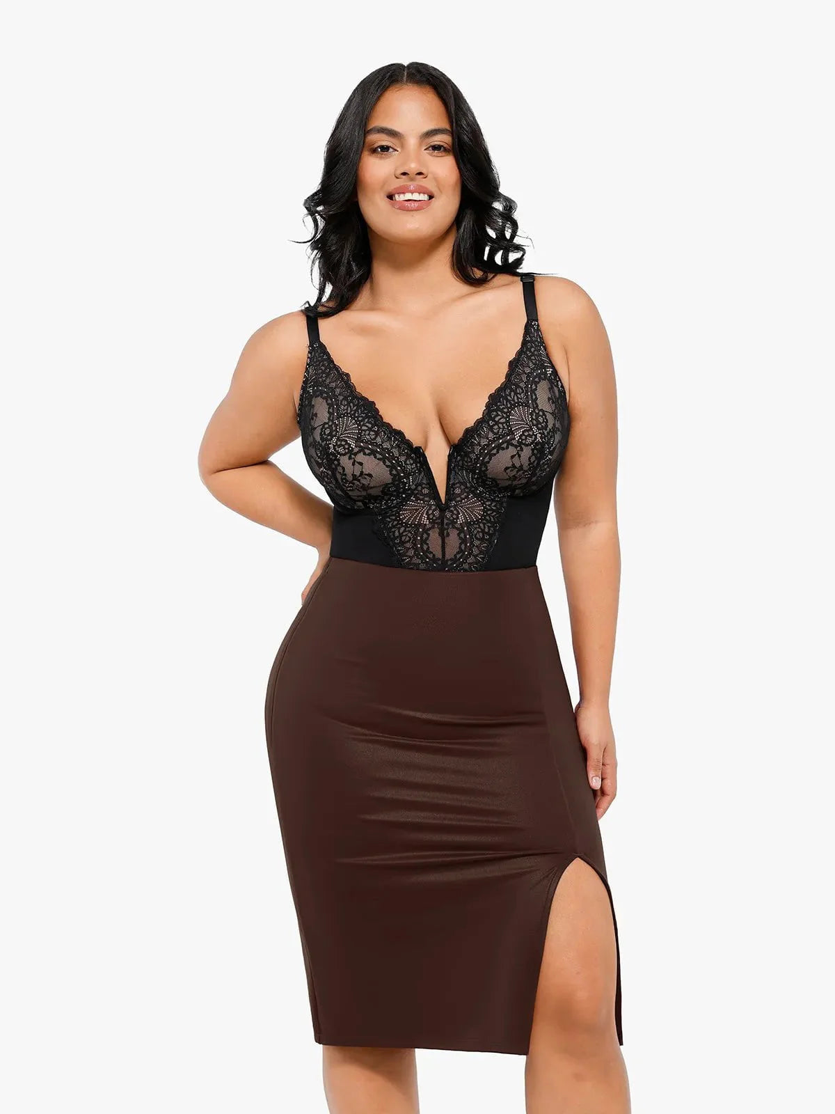 Jupe Midi Fendue en Simili Cuir Sculptante Shapewear