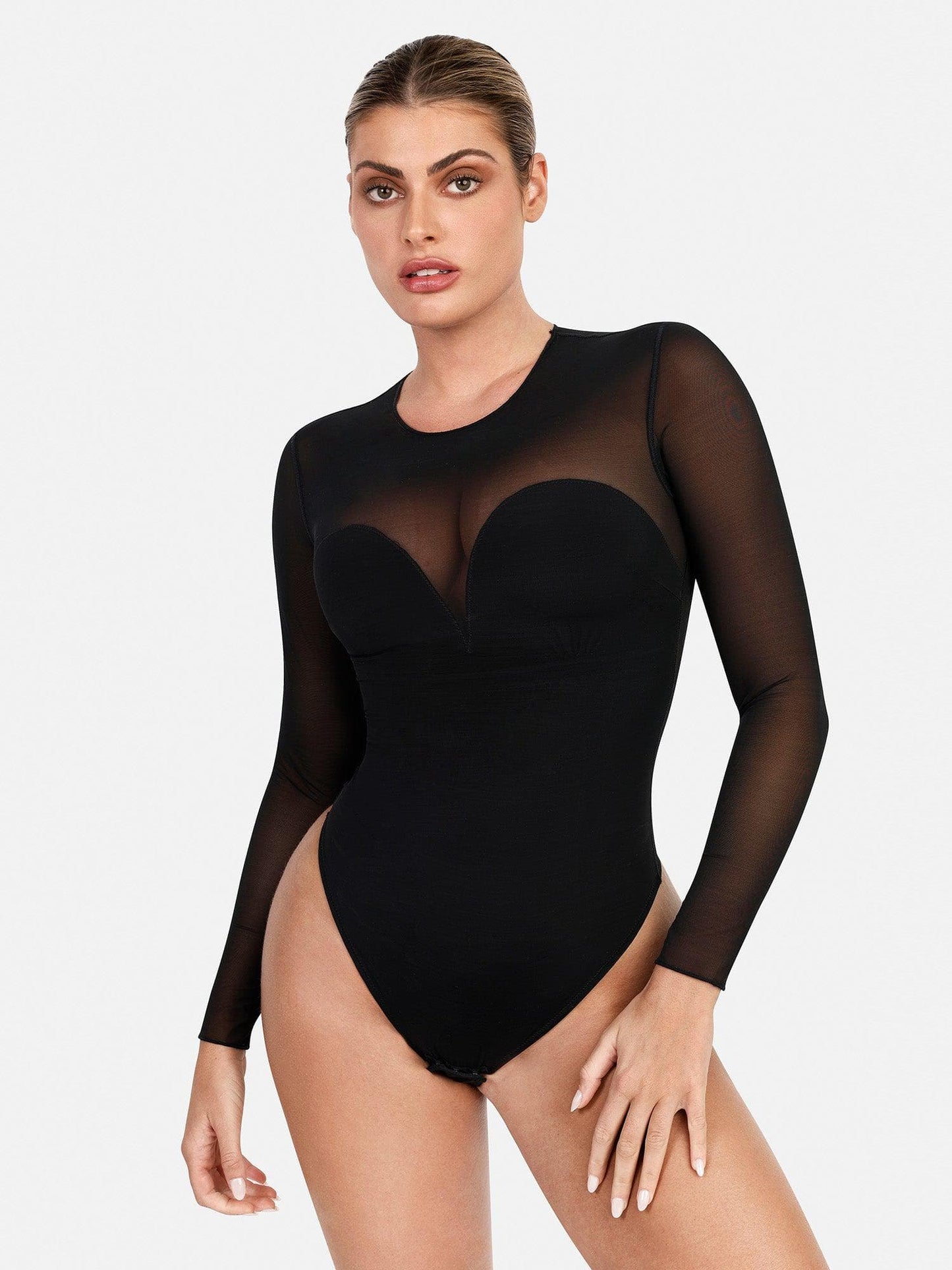 Body sculptant en maille illusion à manches longues avec contrôle du ventre