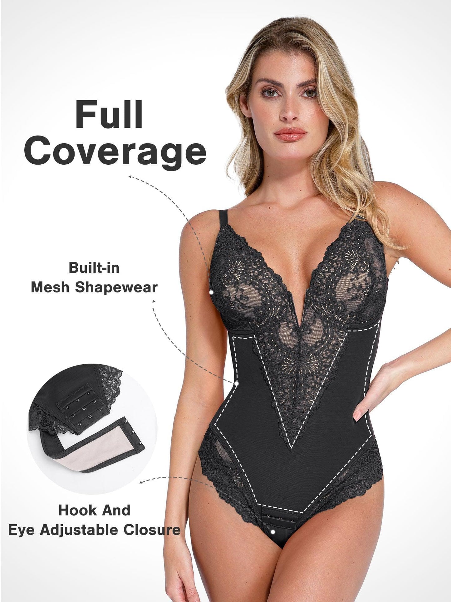 Body Sculptant Complet en Dentelle avec Décolleté Plongeant