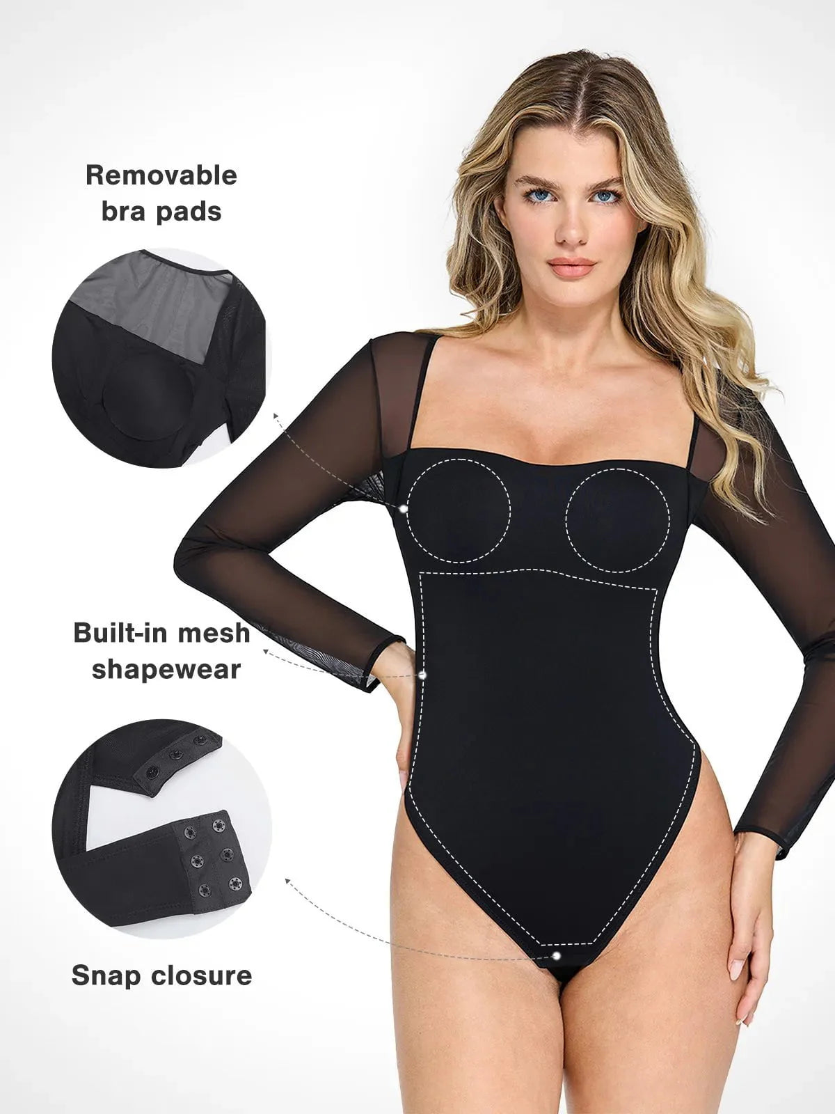 Body Sculptant à Manches en Maille et Décolleté Carré