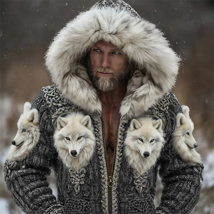 Cardigan à capuche pour homme, style viking, avec bordure en fourrure celtique et motif loup duveteux.