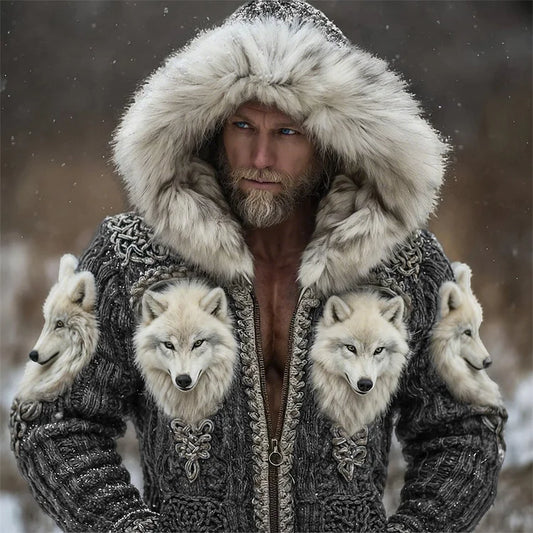 Cardigan à capuche pour homme, style viking, avec bordure en fourrure celtique et motif loup duveteux.