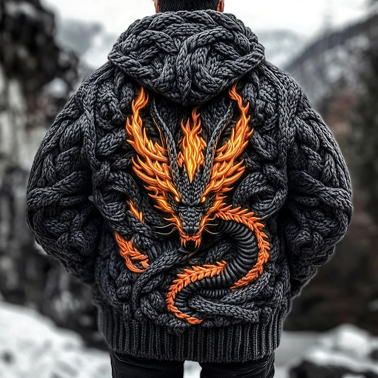 Pull à capuche épais en maille celtique Viking Dragon pour homme