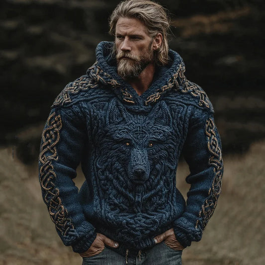 Pull à capuche en maille jacquard à motif loup viking et nœud celtique pour homme