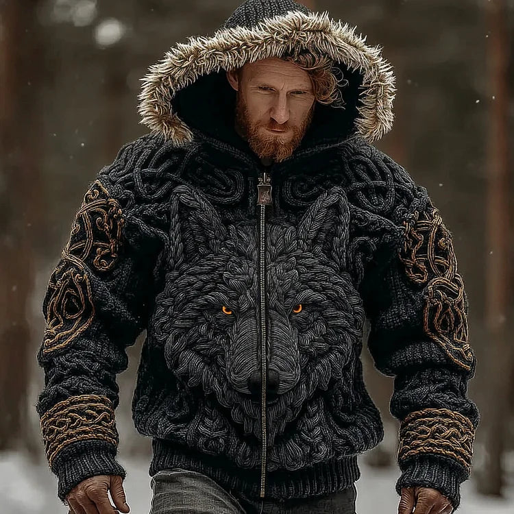 Pull à capuche en maille douce avec col en fourrure, style viking vintage pour homme, inspiré des loups et des motifs celtiques.