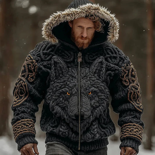 Pull à capuche en maille douce avec col en fourrure, style viking vintage pour homme, inspiré des loups et des motifs celtiques.