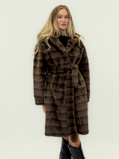 Manteau Long en Éco-fourrure Marron avec Ceinture
