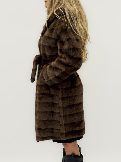 Manteau Long en Éco-fourrure Marron avec Ceinture