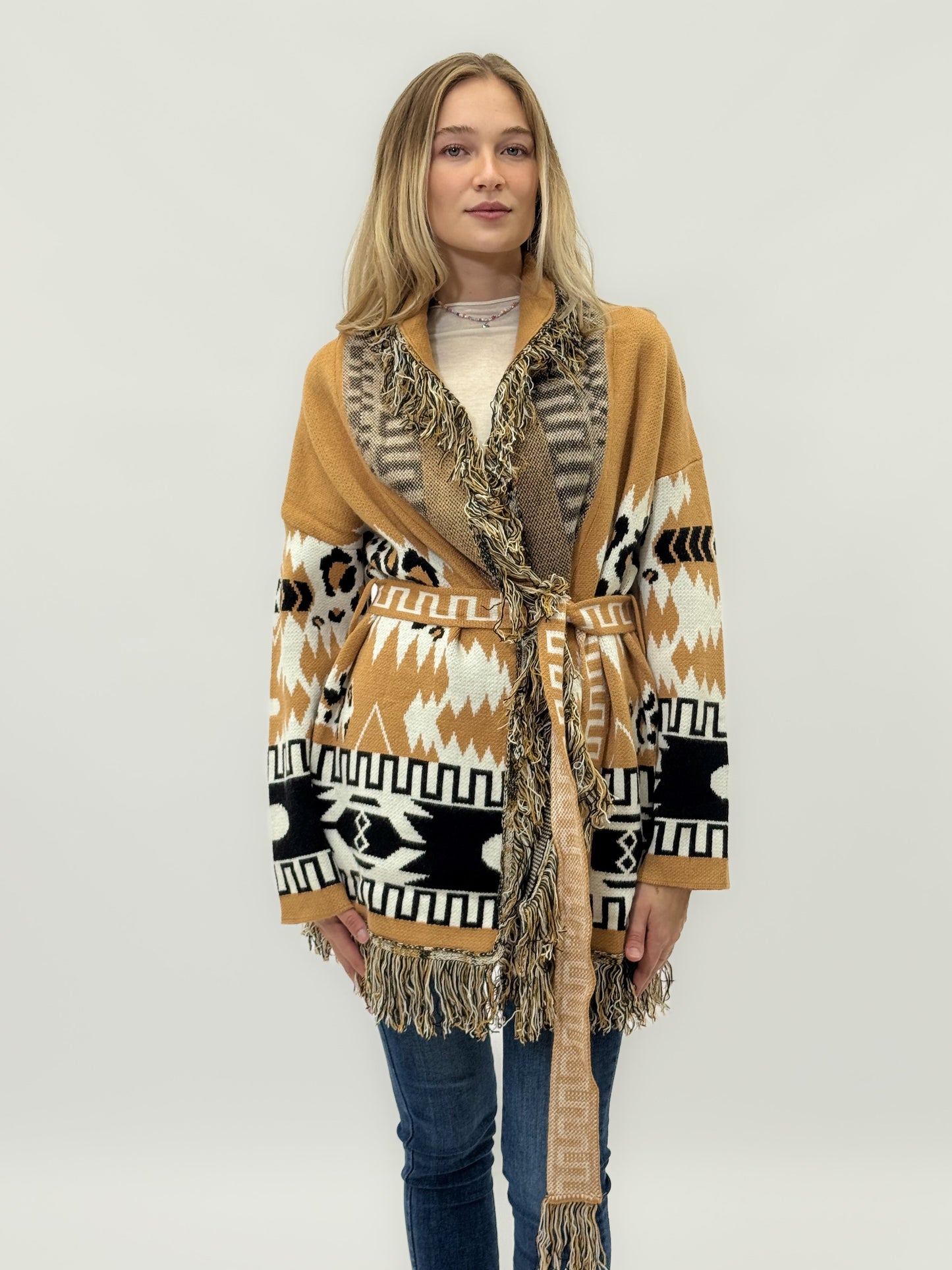 Cardigan Femme Fantaisie Géométrique avec Franges et Ceinture