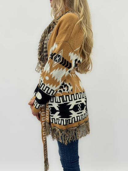 Cardigan Femme Fantaisie Géométrique avec Franges et Ceinture