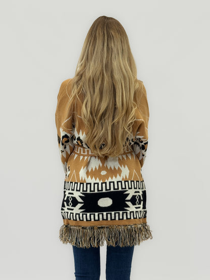 Cardigan Femme Fantaisie Géométrique avec Franges et Ceinture