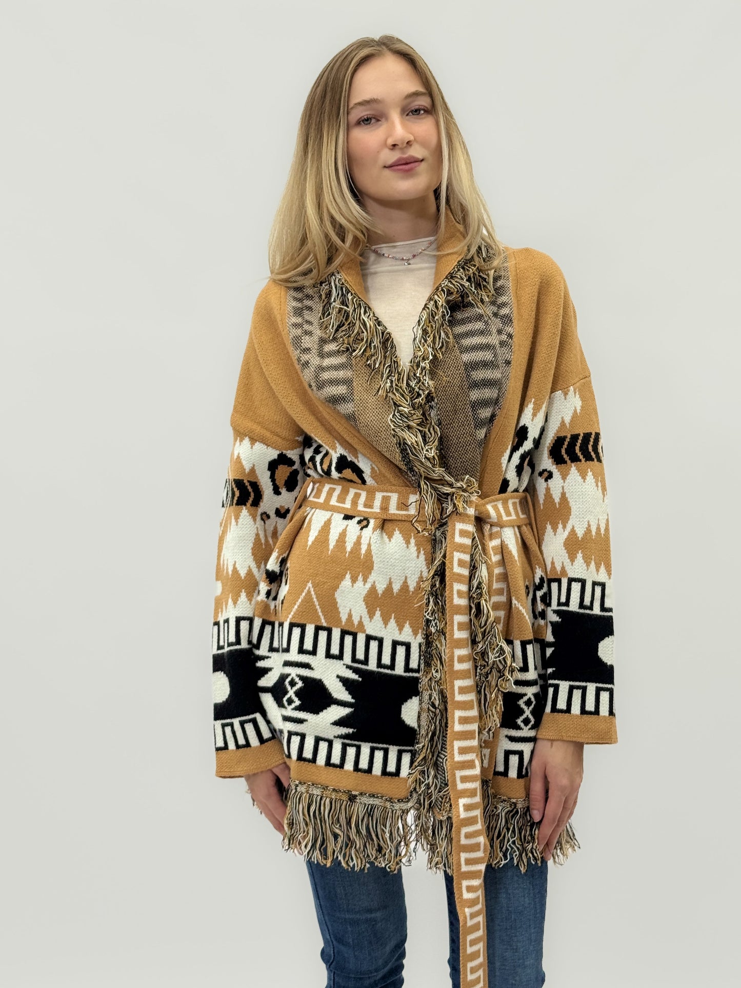 Cardigan Femme Fantaisie Géométrique avec Franges et Ceinture