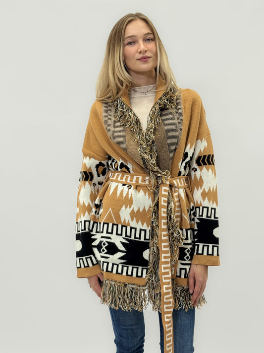 Cardigan Femme Fantaisie Géométrique avec Franges et Ceinture