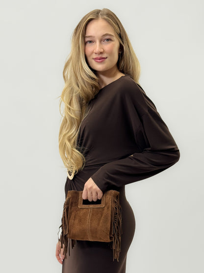 Mini sac en véritable cuir suédé avec franges – Fabriqué en Italie